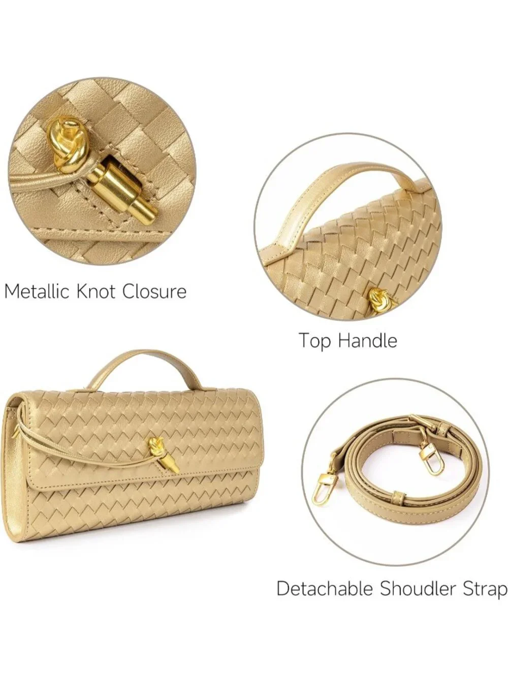 Women Gold Woven Vegan Leather Clutch Purse Formal Evening Crossbody Bag
